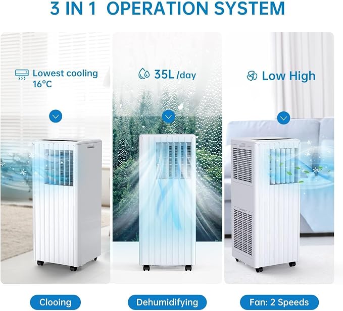 Portable Air Conditioner with 8,000 BTU Cooling Power – 3 Modes (Cool, Dehumidify, Fan) for Rooms Up to 350 Sq.Ft, Includes Remote, 24H Timer & Easy-Install Window Kit