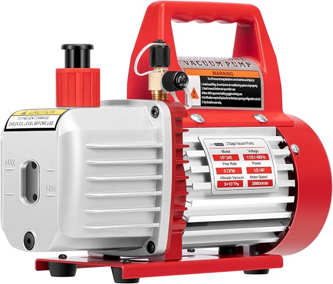 VIVOHOME 110V 1/2 HP 5 CFM Dual Stage Rotary Vane HVAC Air Vacuum Pump with Oil Bottle, Red