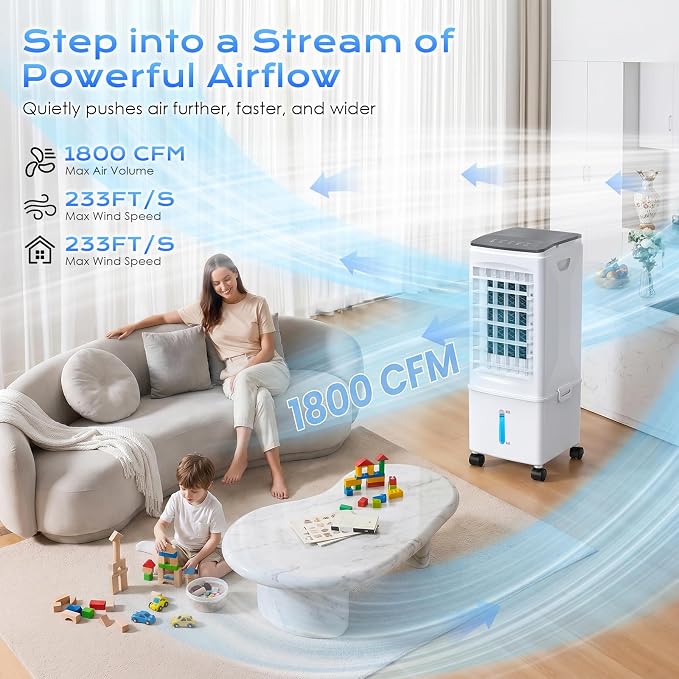Portable Air Conditioners, Portable AC Unit, Evaporative Air Cooler w/2.5Gal Tank, Fast Cooling, 3 Speeds, Windowless Air Conditioner w/7H Timer, Swamp Cooler for Room Home Office Garage