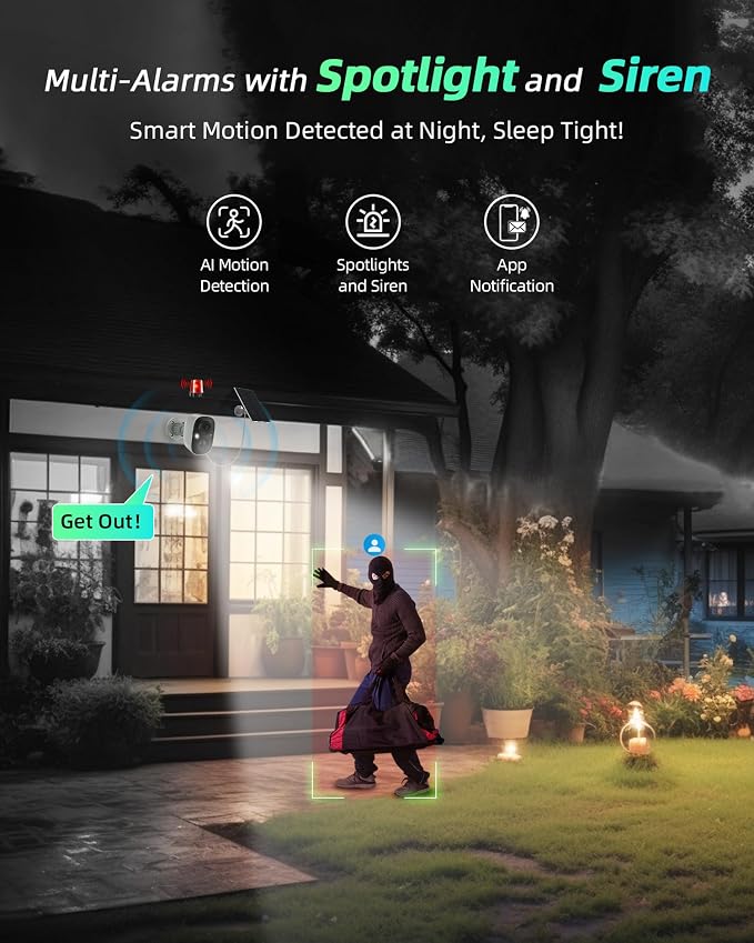 MaxiViz Solar Camera Outdoor Wireless, 2.4G Wi-Fi Security Camera with AI Motion Detection, Cameras for Home Security, 2K Color Night Vision, 2-Way Talk, IP66 Weatherproof, Cloud/SD Storage, 2 Packs