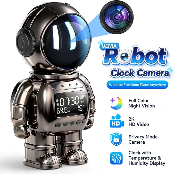 GBIUT Robot Alarm Clock Camera, 2K HD 5G/2.4Ghz WiFi Pet Robot Camera, Human Detection, Night Vision, Two-Way Talk & Motion Alert, Temp Humidity Display, Space Gift for Kids