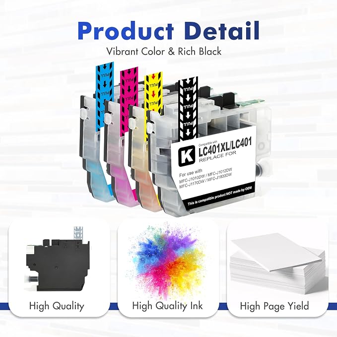 LC401XL LC401 MFC-J1010DW Ink Cartridges for Brother Printer 401XL LC 401 for MFC-J1010DW MFC-J1170DW MFC-J1012DW MFC-J1800DW MFC J1010DW - 4 Pack High Yields Black Cyan Magenta Yellow