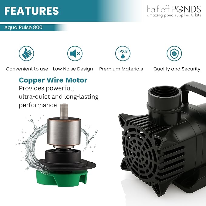 Aqua Pulse Submersible Pond Pump, 800 GPH, 33 ft Cord | 13 ft max head, 82W energy efficient, Ultra quiet, For koi ponds, Waterfalls, Fountains