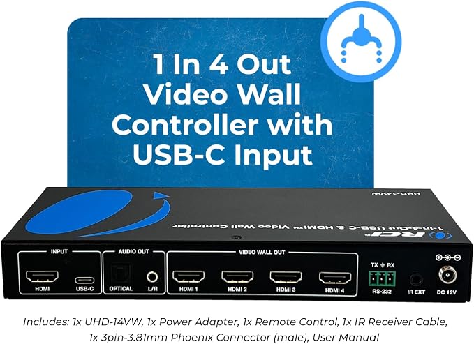 OREI 4K 2x2 HDMI or USB-C Video Wall Controller Processor Display Upto 4K 60hz 2x1, 1x2, 1x3, 1x4 Supports 180 Degree Rotate RS-232 Audio Extraction
