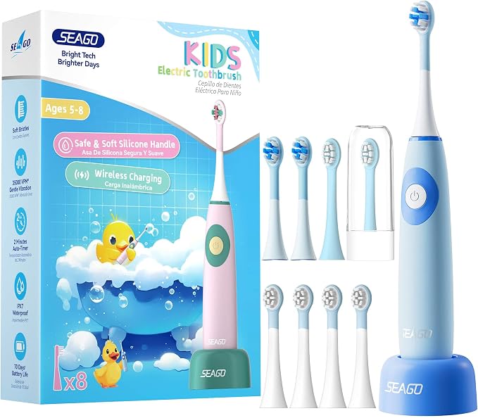 SEAGO Kids Electric Toothbrushes for Ages 5-8 with 2 Sizes Soft Brush Heads, Soft Silicone Handle, 2-Min Timer, IPX7 Waterproof, 35000VPM, Rechargeable 70 Day Battery Life with Charging Base (Blue)