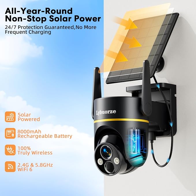 Lybuorz 5G/2.4GHz WiFi Solar Outdoor Wireless Security Camera, 4MP PTZ Cameras for Home Security Outdoor,Full Color Night Vision, AI Motion Detection, Siren Alarm, 2-Way Audio,Work w/Alexa, Waterproof