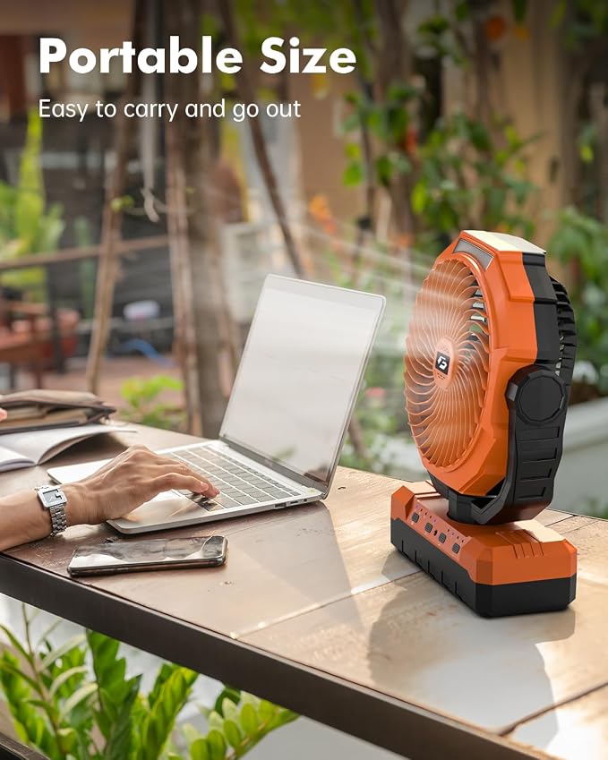 3-in-1 Camping Fan - 48000mAh Detachable Portable Fan Rechargeable with Light & Hook, Battery Powered Fans for Outdoor, Indoor, Tent, Fishing, Travel, Hurricane, Summer Gifts for Men - Orange