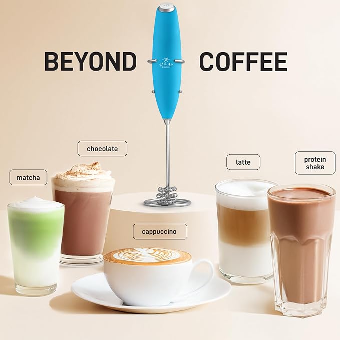 Zulay Kitchen Powerful Milk Frother Wand With Duracell Batteries - Ultra Fast Handheld Drink Mixer - Electric Whisk Foam Maker for Coffee, Lattes, Cappuccino & Matcha - Triple Whisk - Pacific Blue