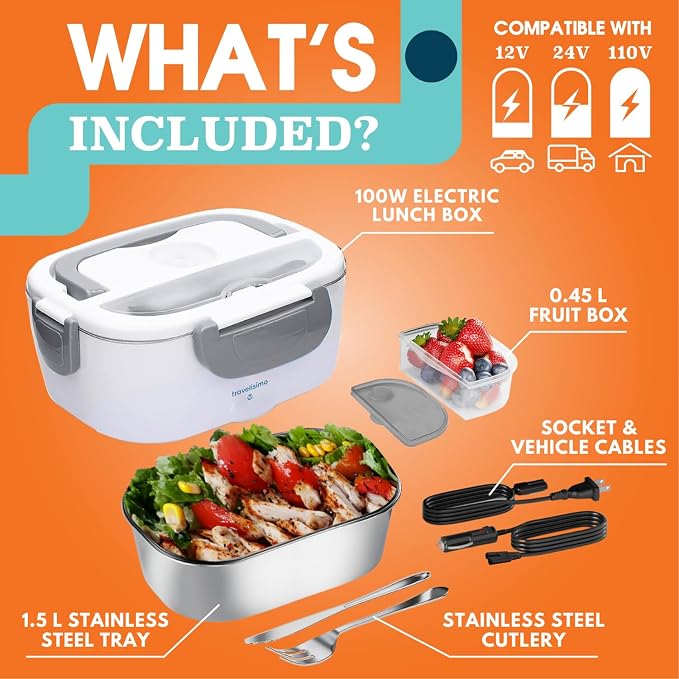 TRAVELISIMO Electric Lunch Box for Adults 100W Heated Lunch Box For Men 1.5L Stainless Steel Portable Food Warmer, 12/24/110V for Travel & Work, Loncheras Electricas Para Calentar Almuerzo