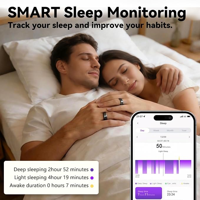 Smart Ring for Women & Men, Health & Fitness Tracker with Heart Rate/Sleep Monitoring/Blood Pressure, 5ATM Waterproof,Activity Trackers with Free App,Stylish Fitness Ring Birthday Gift(Size 8, Black)