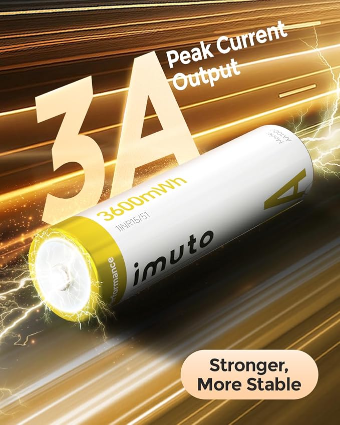imuto 3600mWh Rechargeable AA Lithium Batteries with Charger, 1.5V 3A Output aa Batteries, 2500+ Cycles, 8 Pack with 4-Slot Fast Charging Case with LED Display for Blink Outdoor Cameras & Toys