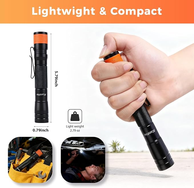 KunHe 180 Lumen LED Portable Rechargeable Pen Flashlight 2-Pack Waterproof Pocket Flash Light Single Mode Easy to Use with Clip Suitable for Inspection Camping and Daily Use