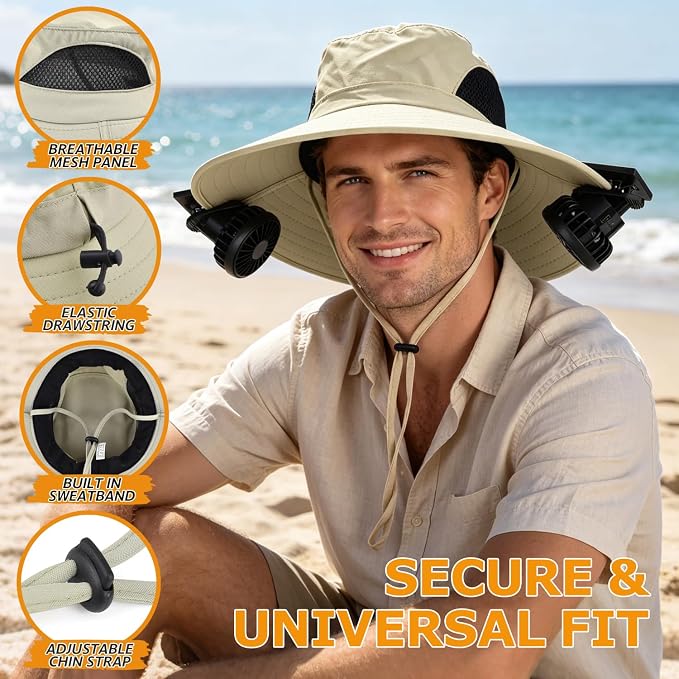 Wide Brim Sun Bucket Hat with 2 Solar Powered Fan for Men & Women | Waterproof & UPF 50+ Sun Protection Hat with Dual-Power Clip-On Cooling Fans for Outdoor Hiking Fishing Gardening