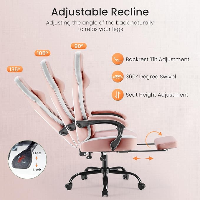 DUMOS Gaming Chair with Linkage Armrests, Video Game Chairs with Pocket Spring Cushion, Ergonomic Computer Silla Gamer Office Desk Chair with Footrest for Adults & Students, Pink