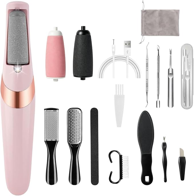 Electric Foot File and Callus Remover,12 in 1 Pedicure Kit Dual Roller Heads 2 SpeedsProfessional Pedicure Tools for Dry, Calluses, Dead, Cracked, Hard Skin, Home Spa Care（Pink