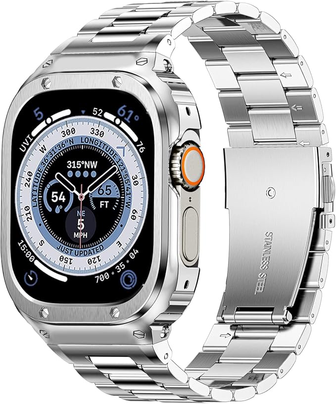 MioHHR Stainless Steel Band and Case Compatible with Apple Watch Band 49mm, Men Metal Protective Bumper Cover for iWatch Series Ultra 3/2/1, Silver