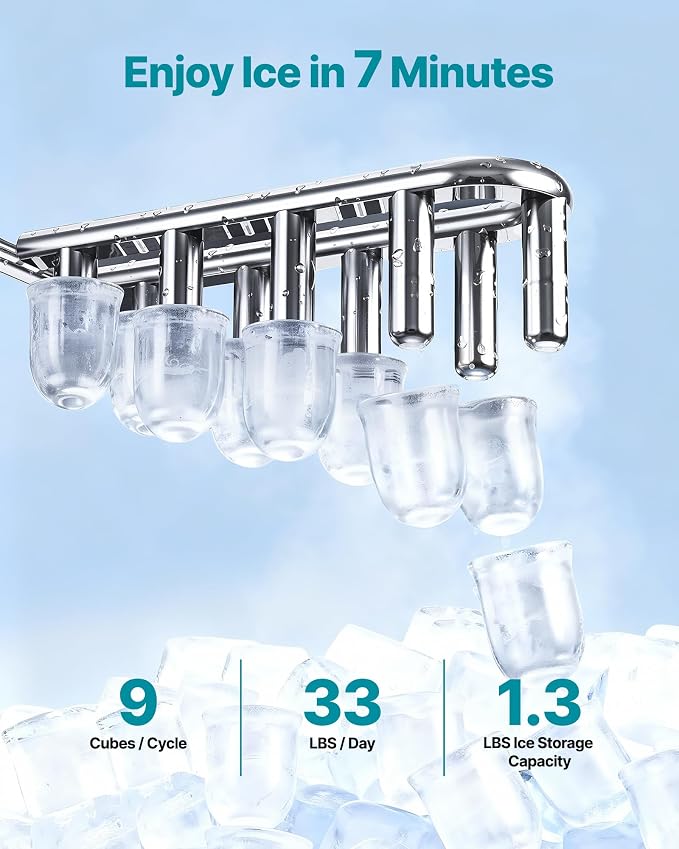 VEVOR Water Dispenser with Ice Maker, 3-in-1 Floor-Standing Water Dispenser, 33 LBS/24H, 9 Cubes/7 Min Fast Ice Making with 1.3 LBS Storage, Bullet Ice-Cubes & Cold-Water, for Home, Kitchen, Party