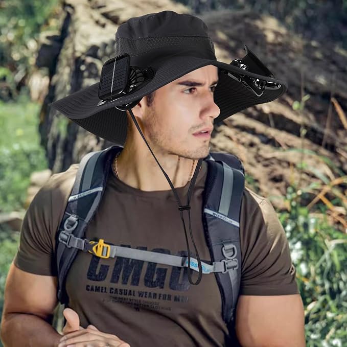 Outdoor Solar Powered Fan Hat for Men Women Breathable Wide Brim Hat with 2 Fans UPF 50+ Fishing Hat Beach Bucket Sun Hat