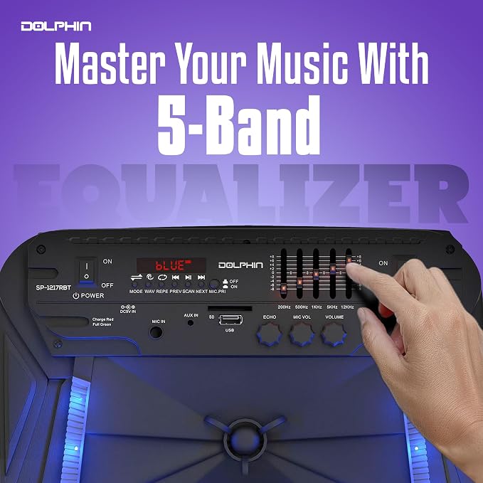 Dolphin 12-Inch Rechargeable Bluetooth Party Speaker – High Power Sound, TWS Compatibility, LED Lights, 5-Band Equalizer, Portable Design with Trolley and Wheels
