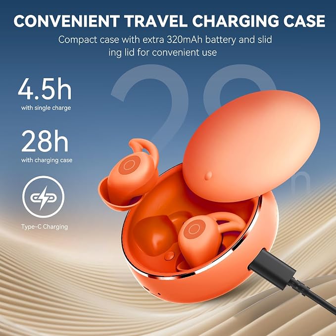Sleepals micro Sleep Earbuds for Side Sleepers | Sleep Headphones with Soft and Snug Fit | Moderate Noise Reduction (not ANC) | Small and Light, 4H Single Play, 28H with Charging Case (Orange)