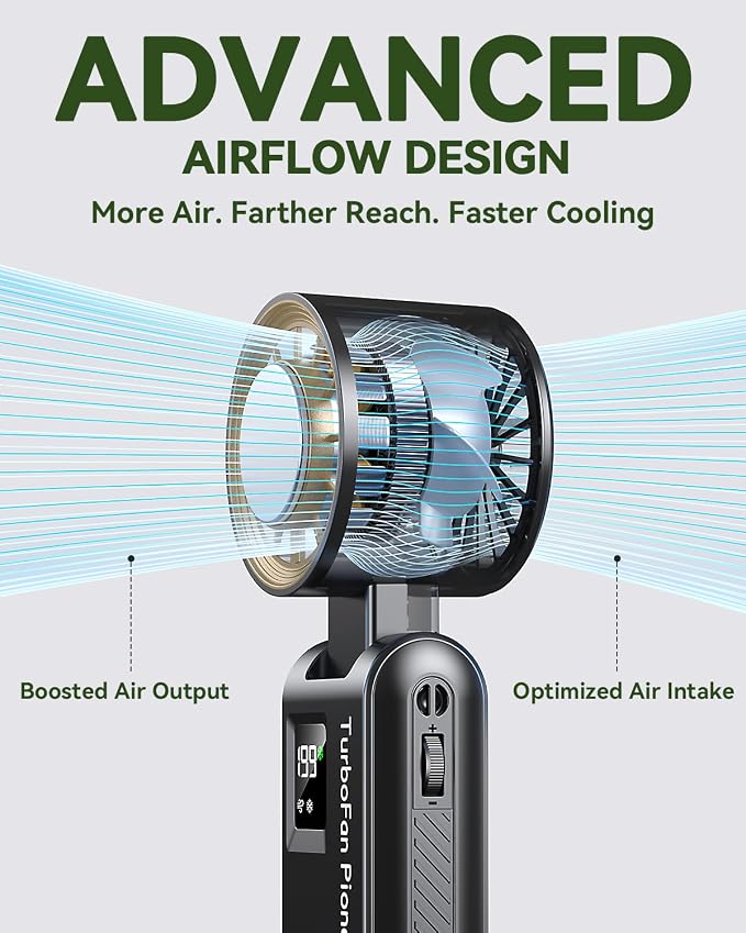 Portable Handheld Fan with Ice Cooling, 7.5m/s High Speed Turbo Fan, 150° Foldable 4-in-1 Personal Neck Fan, 199 Speed Stepless Control, USB-C Rechargeable for Travel, Makeup, Hiking, Black Gold