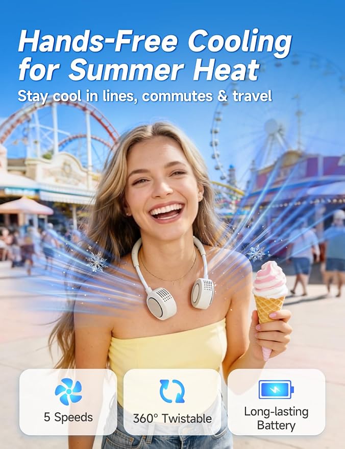 Portable Neck Fan - Hands Free Personal Face Fan, 5 Speeds Rechargeable Wearable Cooling Fan, Flexible Foldable Small Thin Quiet Neck Cooler for Travel, Work, Hot Flashes (White)
