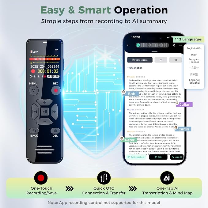 64GB AI Digital Voice Recorder with Playback: AI Transcribe & Summarize Note Taker, Voice Activated Recorder for Meetings & Lectures, 113 Languages Portable Recording Device, OTG Connection