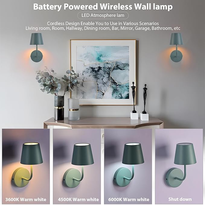 IMQSQIK LED Wireless Wall Lamp Set of 2, with 5600mAh Rechargeable Battery Powered Wall Sconces, Touch for Remote Control Infinite Dimming Be Used for Bedroom Mirror Living Room Wall Painting(Blue)