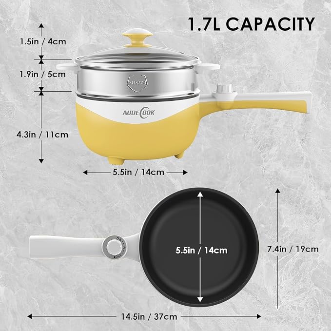 Audecook Hot Pot Electric, 1.7L Mini Electric Skillet Portable Nonstick Sauté Pan with Power Adjustment, Ramen Cooker Travel Multicooker for Steak/Soup/Egg/Oatmeal/Noodles