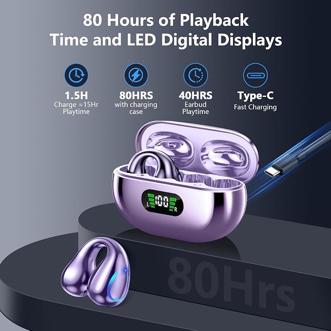 Ultra Open Ear Headphones Bluetooth 5.3 Wireless Bone Conduction Clip On Earbuds with Digital Display Charging Case 60 Hours Playtime Sport Earphones IPX7 Waterproof for Running Fitness Purple