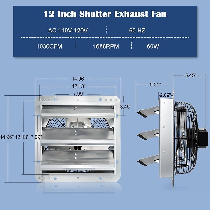 Hiorucet 12 Inch Wall Mounted Shutter Exhaust Fan for Garage, Greenhouse, Shop, Attics, Chicken Coop, Basement, High Performance Low Noise Louvered Exhaust Fan with Speed Controller and Power Cord Kit