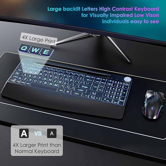 Lighted up Full Size 2.4G Wireless Keyboard and Mouse Combo, Rechargeable,with 7 Colored Backlits &Phone Holder &Wrist Rest &jiggler Mouse,for Mac Windows Laptop PC (Keyboard and Mouse Set)
