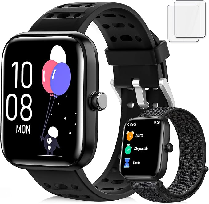 Smart Watch Kids Fitness Tracker, Kids Smart Watch with Health Monitor, Activities Track & Water/Rest/Task Reminder, IP68 Waterproof Smartwatch with Puzzle Games, Boys Gift for Birthday-Black(2 Bands)