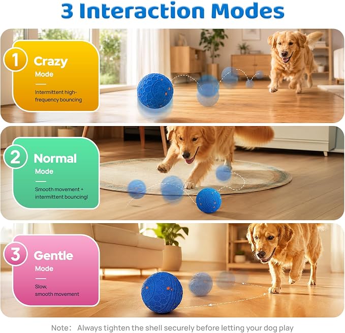 Smart Interactive Dog Ball Toy, Self Rolling Bouncy Ball for Medium and Large Dogs, Durable E-TPU Herding Ball with Auto Movement, IPX65 Waterproof & Washable Shell, Type-C Charging - Blue