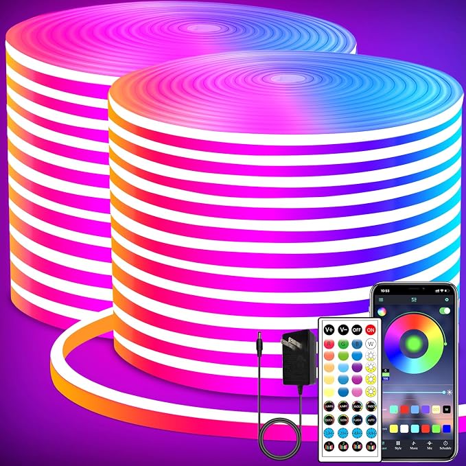 segrass LED neon Lights Strip 132FT,DC 24V RGB LED neon Light Strip APP Remote Controls Control Waterproof Flexible Neon LED Rope Lights for Bedroom,Playroom,Outdoors Decor（2 Rolls of 66ft）
