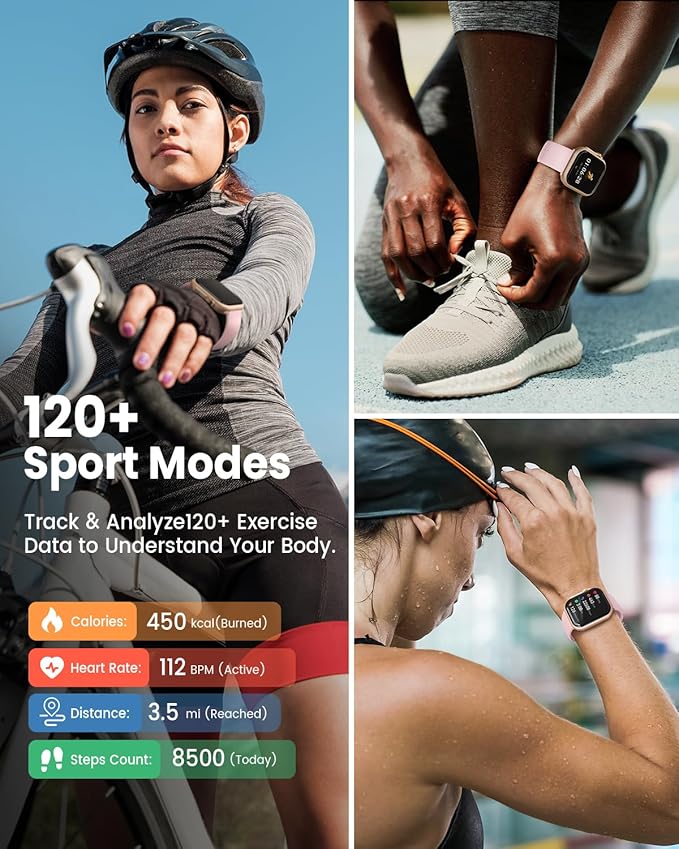 Smart Watch for Women for iPhone Android: 1.85"Smartwatch with Make/Answer Call Sleep Heart Rate SpO2 Blood Pressure Monitor IP68 Waterproof 120+Sport Mode Fitness Tracker 1000mAh Battery 2Bands Pink