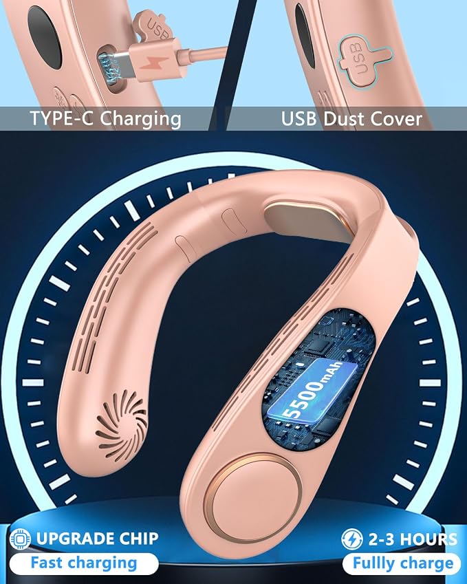 Neck Fan that Blows Cold Air with Cooling Plate, Rechargeable Battery Powered, Portable Silent Mini Neck Air Conditioner, Cordless Leafless Quiet Face Fans for Kid Adults Travel Work Sports, Pink