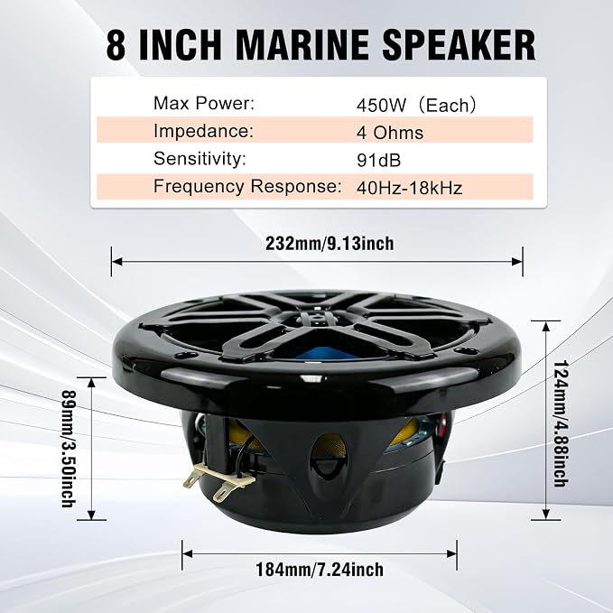 STUDIOFINIX 8inch 900W Marine Speakers with LED Lights -2 Way Weather Resistant Boat Speakers Perfect for Boats, ATVs, UTVs （Pair,Black）