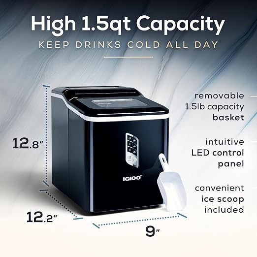 Igloo Handled Portable Ice Maker with Scoop - Ice Maker with LED Control Panel & 1 Quart Water Tank - Ice Cube Maker Produces 26 Lbs. of Ice in 24 Hours with 9 Large or Small Cubes In 7 Minutes- Black