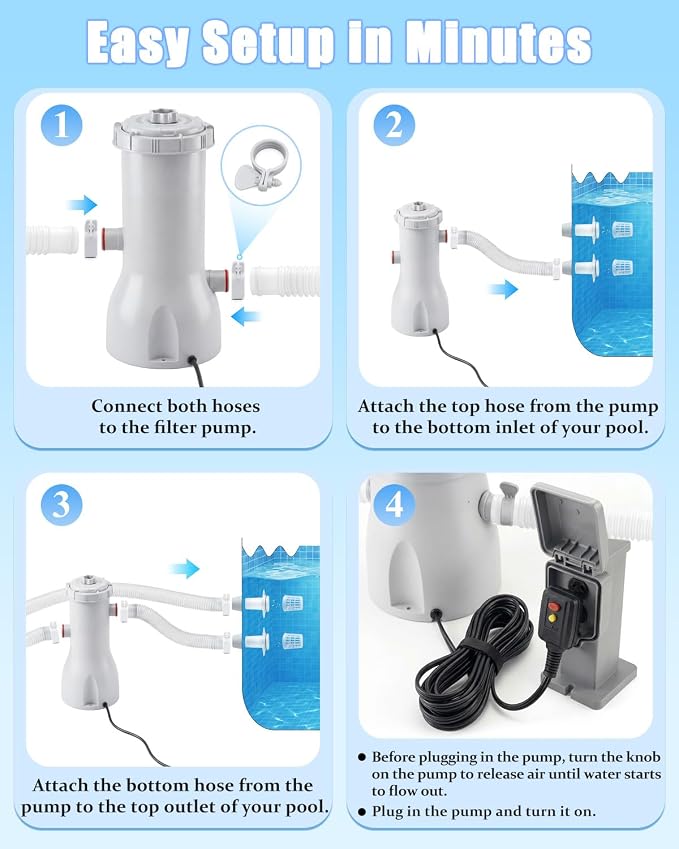 1000 GPH Pool Pumps and Skimmer for Above Ground, Floating Pools Surface Skimmer Basket with 10 Pcs Skimmers Socks, Swimming Pools Pump with Removable Filter Cartridge, Pool Accessories Combo
