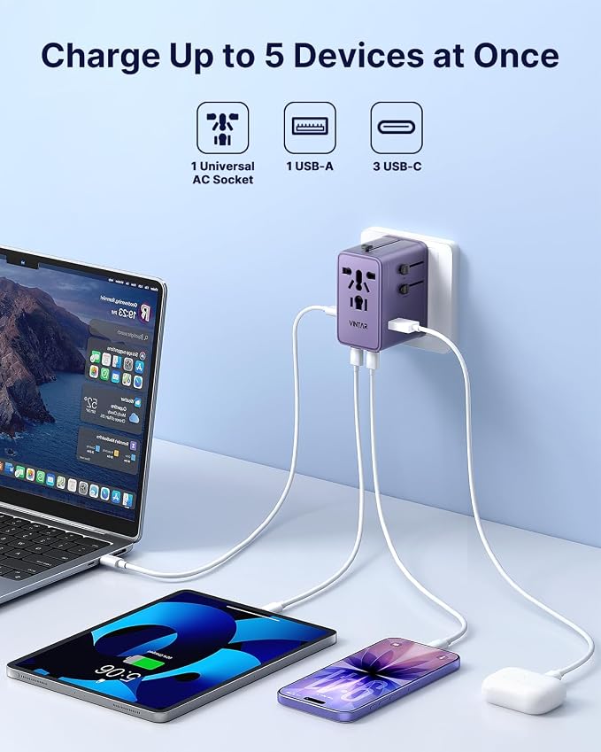 VINTAR 70W GaN Universal Travel Adapter, 5 in 1 with 3 USB-C PD& 1 USB-A QC | International Power Adapter with 70W GaN Fast Charging, All-in-one for EU UK USA AUS, Worldwide Travel Essentials, Purple