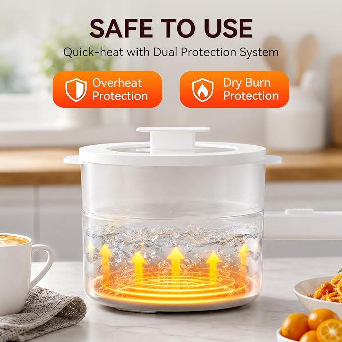 Electric Hot Pot with Steamer, 1.5L Ceramic Glaze Non-stick Portable Pot, Dual Power Multi-functional Electric Cooker, Suitable for Steak, Pasta, Hot Pot, Ramen, Electric Pot for Dorm(with steamer)