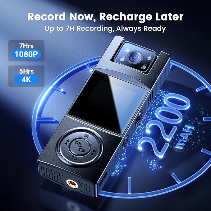 BOBLOV Body Camera with 180°Rotatable Lens, 4K/48MP Small Body Camera, Night Vision Function, Easy to Use and Take for Lecture, Traveling, Pet Walking and Outdoors Activities (4K-128GB)