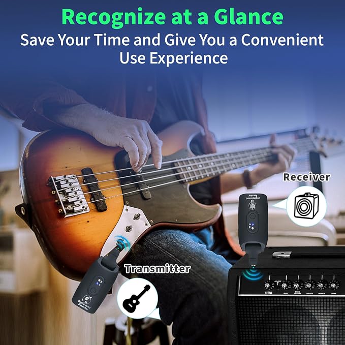 A9 Wireless Guitar System 2.4GHz Built-in Rechargeable Lithium Battery 270°Rotate Audio Wireless Transmitter Receiver for Guitar Bass Violin Keyboard Electric Instruments (IK-L0AM-OVFE)