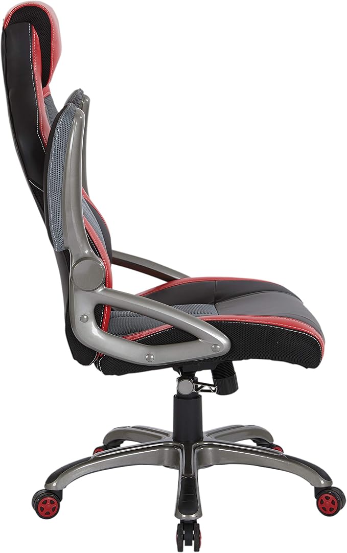 OSP Home Furnishings Race Car Adjustable Gaming Chair, Charcoal Grey Bonded Leather with Red Accents