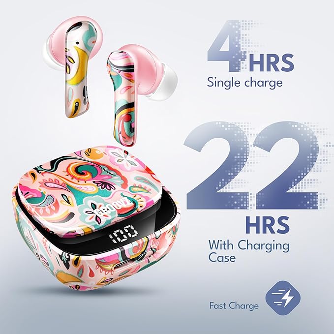 Groovz True Wireless Earbuds with Charging Case - Designed and Engineered in The USA - IPx4 Water Resistant Bluetooth Earbuds Compatible with Apple and Android - 27Hrs Battery Life - Paisley