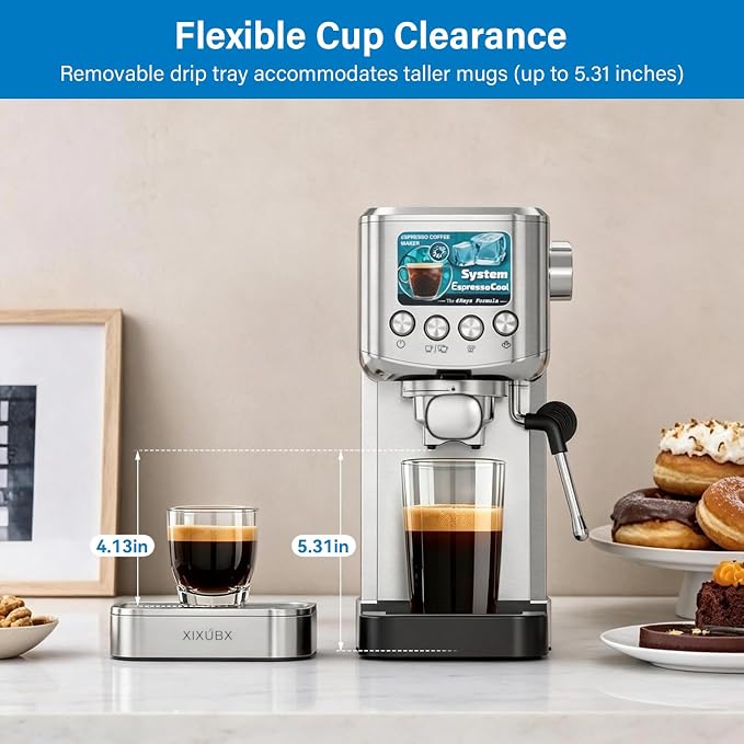 XIXUBX 20 Bar Espresso & Cold Brew Coffee Maker with Milk Frother, 42oz Removable Tank, Stainless Steel, Perfect for Cappuccino, Latte, Home & Office, Brushed Silver