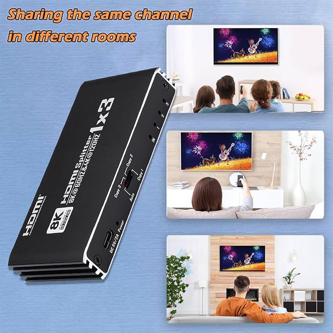 8K@60Hz HDMI Splitter 1 in 3 Out, 1x3 HDMI 2.1 Splitter Support 4K@120Hz, 1080P@240Hz VRR HDCP2.3 HDR HDR10 48Gbps EDID Dolby Atmos 7.1ch, Only Duplicate/Mirror Screens Not Extend