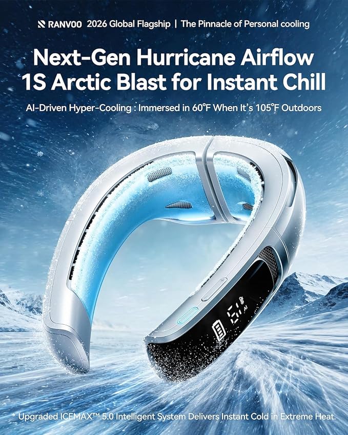 RANVOO AICE LITE MAX 2026 Real AC Cold Blast [No.1 Coolest & Most Durable] AI Neck Air Conditioner, Best Immersive Neck Cooler, 6000 mAh Rechargeable Neck Fan Blow Cold Air, Summer Gift for Mom Silver