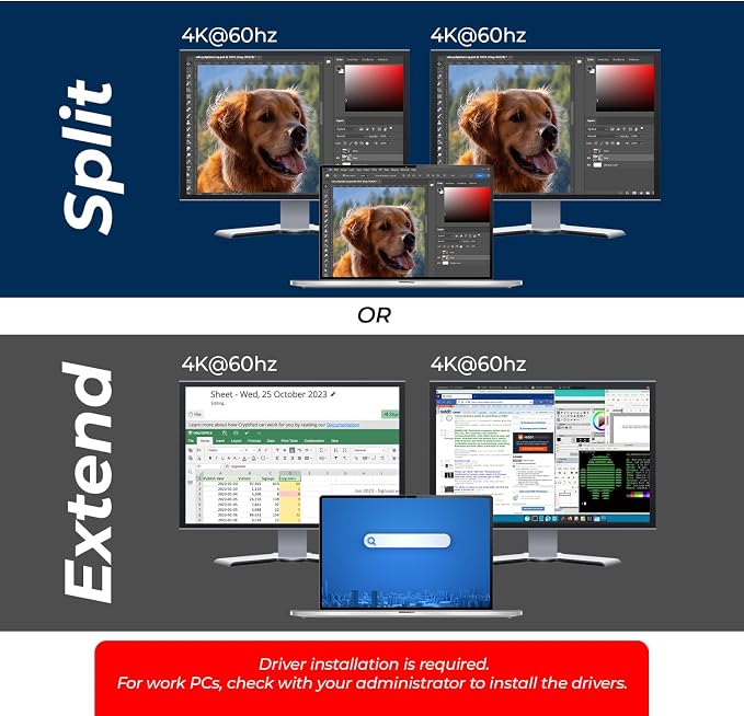 OREI SplitExtend 4K HDMI Splitter Extended Display for Dual Monitor - Multi-Monitor Display 3 Separate Screens - USB A & USB-C Adapter to HDMI 2.0, 4K@60hz, DisplayLink Driver MacOS, Windows